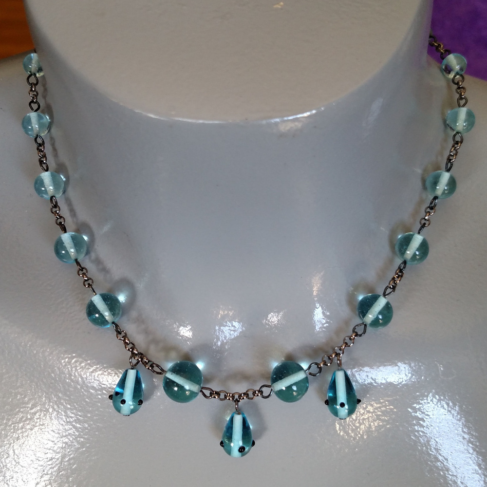 Aquamarine glass choker pendant necklace Japanese